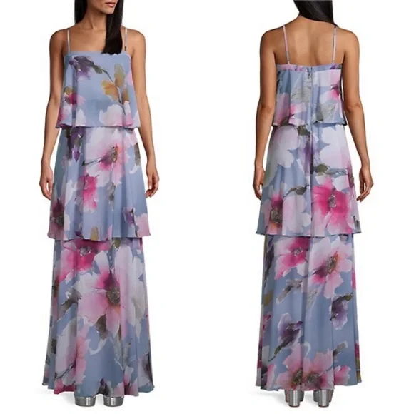 New Aidan Mattox Floral Tiered Square Neck Maxi Dress - Picture 2 of 7